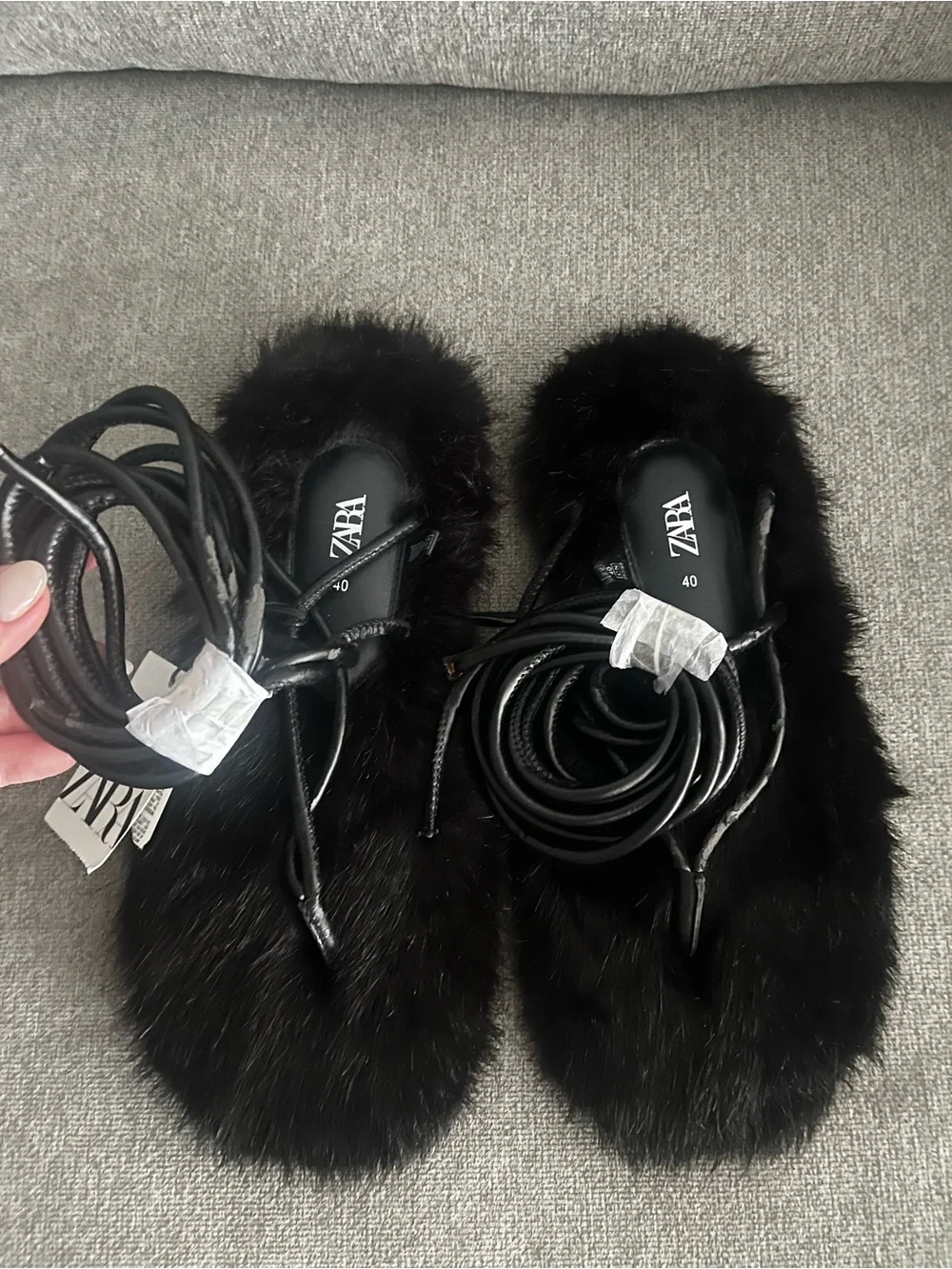 Zara Black Faux-Fur Lace-Up Sandals with Wrap Straps - Picture 2 of 5